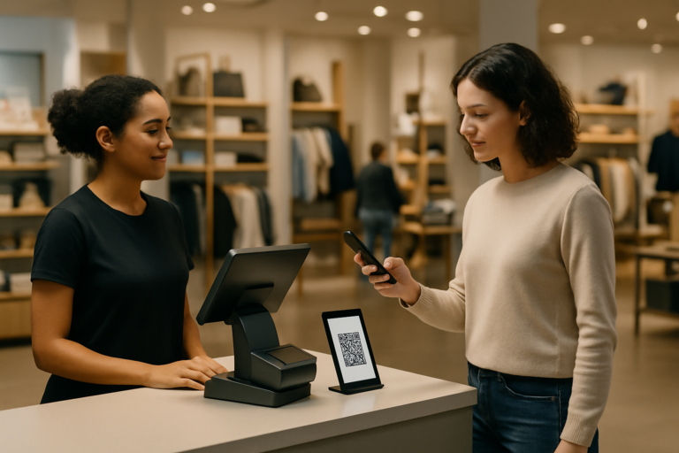 Customer scanning QR code at checkout to receive a digital receipt, with phone screen showing a receipt preview in a retail store.