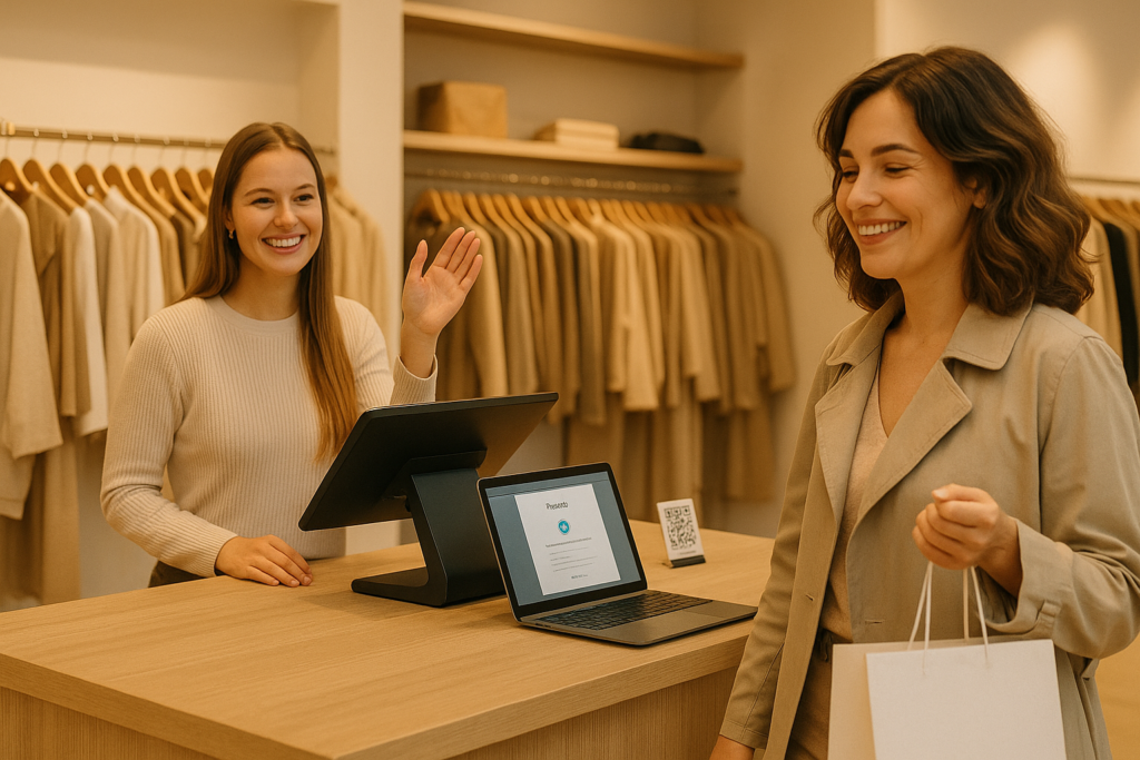 A smiling female cashier waves goodbye to a happy customer in a modern boutique fashion store. The customer, holding a plain white shopping bag, walks away from the checkout counter, where a digital receipt is displayed.