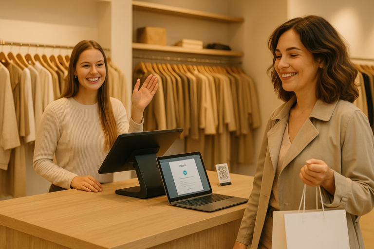 A smiling female cashier waves goodbye to a happy customer in a modern boutique fashion store. The customer, holding a plain white shopping bag, walks away from the checkout counter, where a digital receipt is displayed.