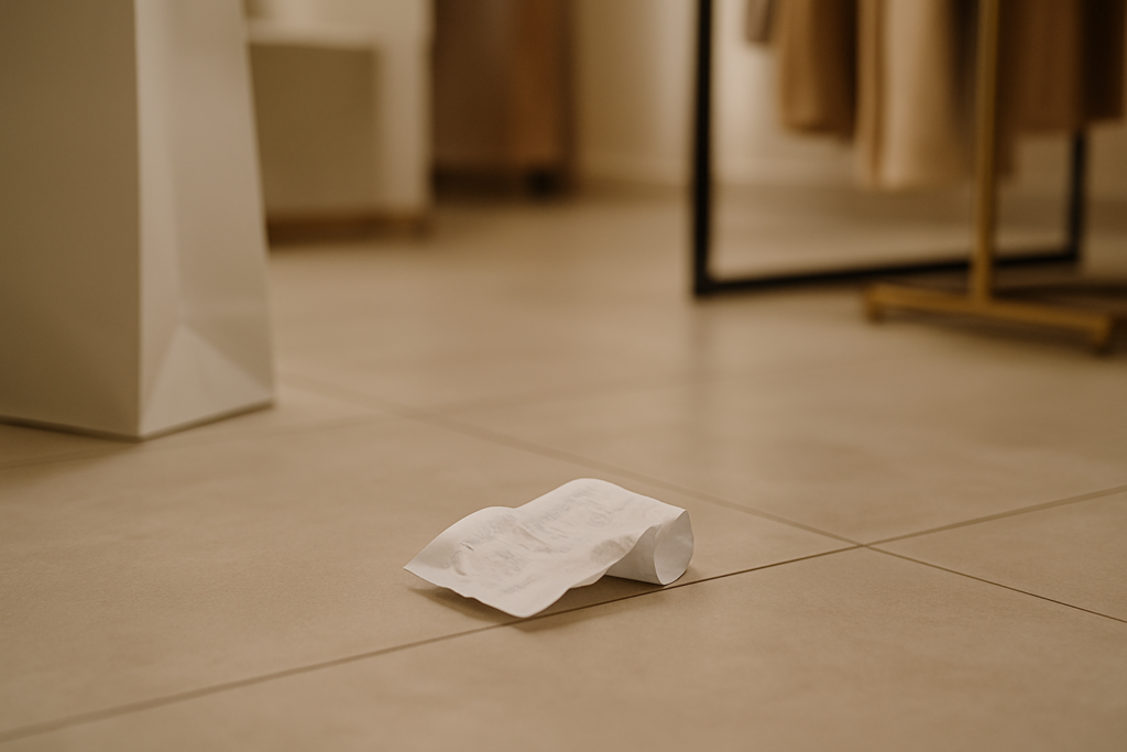 A crumpled paper receipt lies on the tiled floor of a modern boutique store. The scene includes soft lighting, part of a white shopping bag, and blurred fashion displays in the background, evoking a recent high-end shopping experience. 