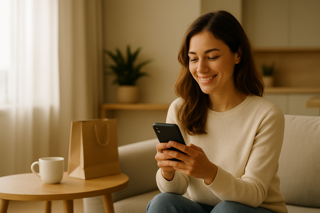 A young woman sits on a cozy couch at home, smiling softly as she looks at her smartphone, viewing her digital receipt after shopping and exploring more offers for her next trip.