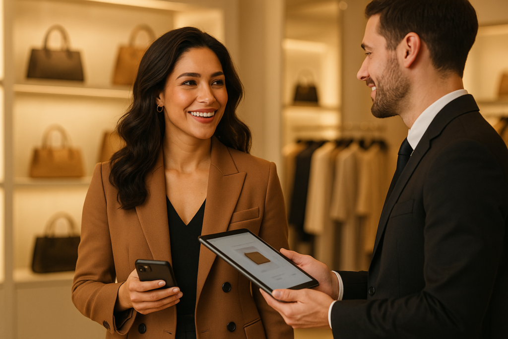 Luxury retail associate showing personalized product recommendations on tablet to returning customer holding smartphone in-store