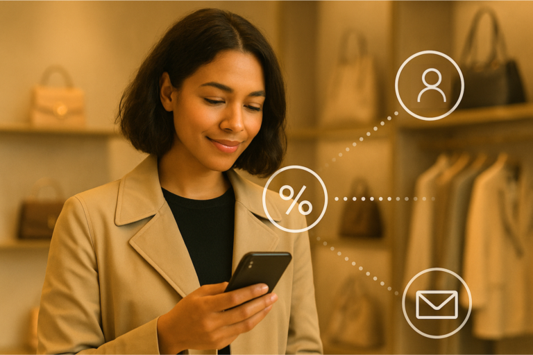 Woman in a luxury retail store using smartphone with personalized offers, customer profile, and email engagement icons – omnichannel retail personalization with Refive ID