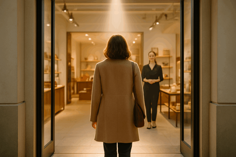 Woman entering a warm, elegant store under a spotlight, greeted by staff - evoking premium, personal in-store experience.