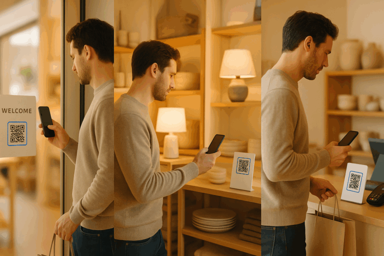 Man scanning QR codes at store entrance, product shelf, and checkout in a warm home-goods store.