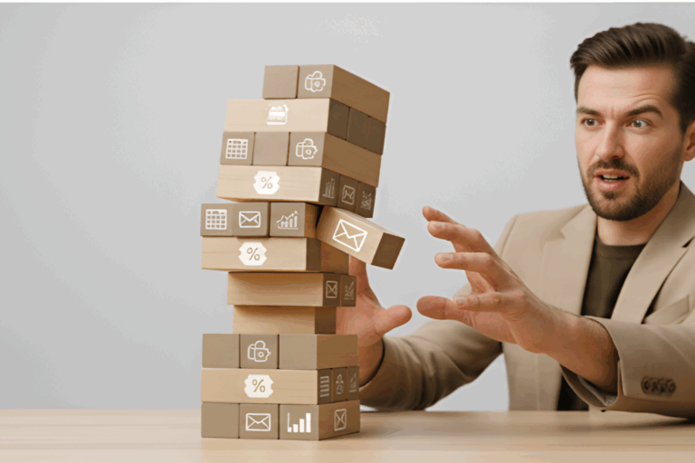 Man trying to steady a collapsing Jenga tower made of apps and tools, symbolizing a fragile retail tech stack in 2025.
