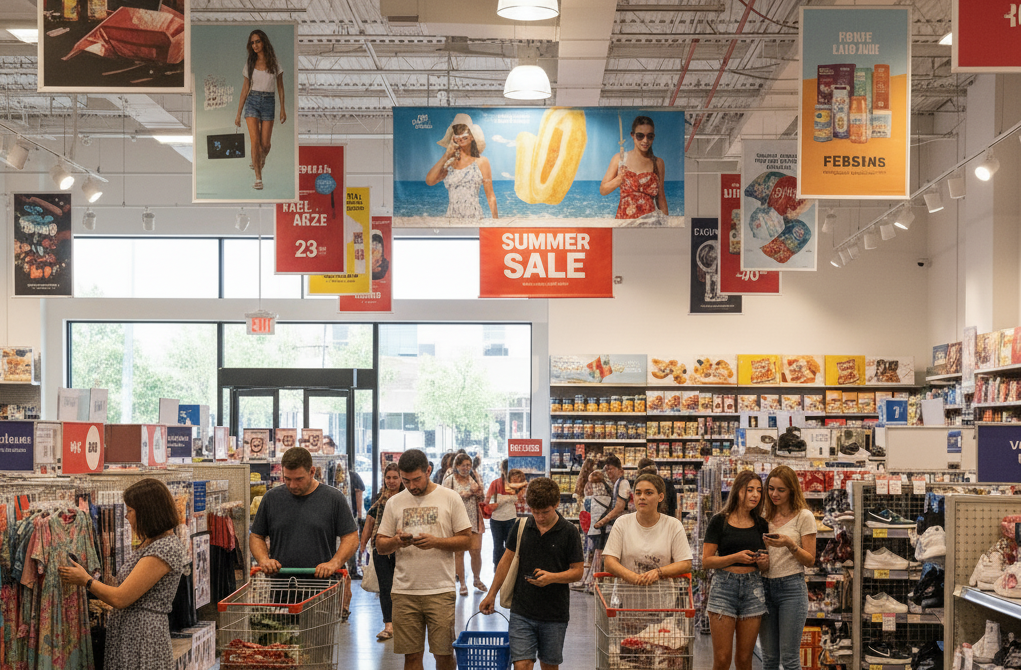 Shoppers in retail store surrounded by posters and sale banners showcasing traditional in-store marketing - refive