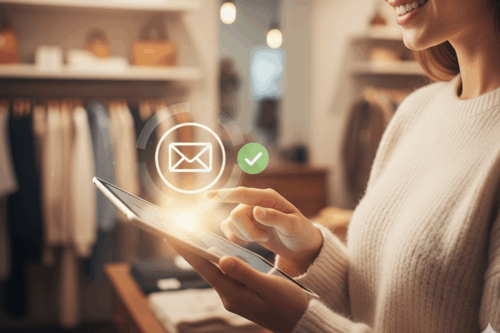 A shopper in a retail store entering her email on a tablet, with subtle digital icons showing successful identification and opt-in.