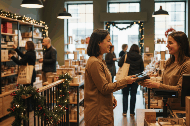 Shopper making a holiday purchase in a decorated store, highlighting customer engagement during peak season