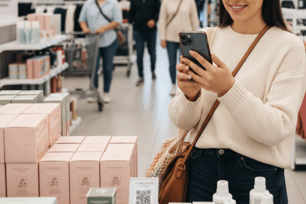 Customer using smartphone to engage with in-store product QR codes, showing digital retail interaction