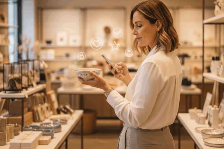 A shopper browsing in a boutique store while checking her phone, with subtle icons representing incremental customer data.