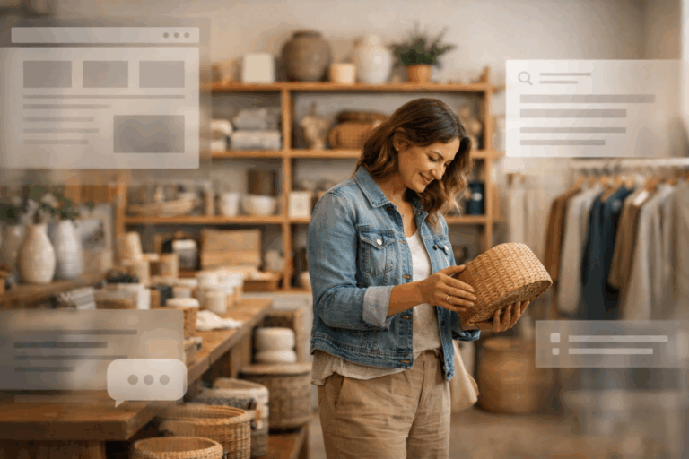 Woman examining a wicker basket in a warm retail store while faded website interfaces and chat bubbles dissolve around her, illustrating how physical retail remains vivid as digital shopping becomes invisible.