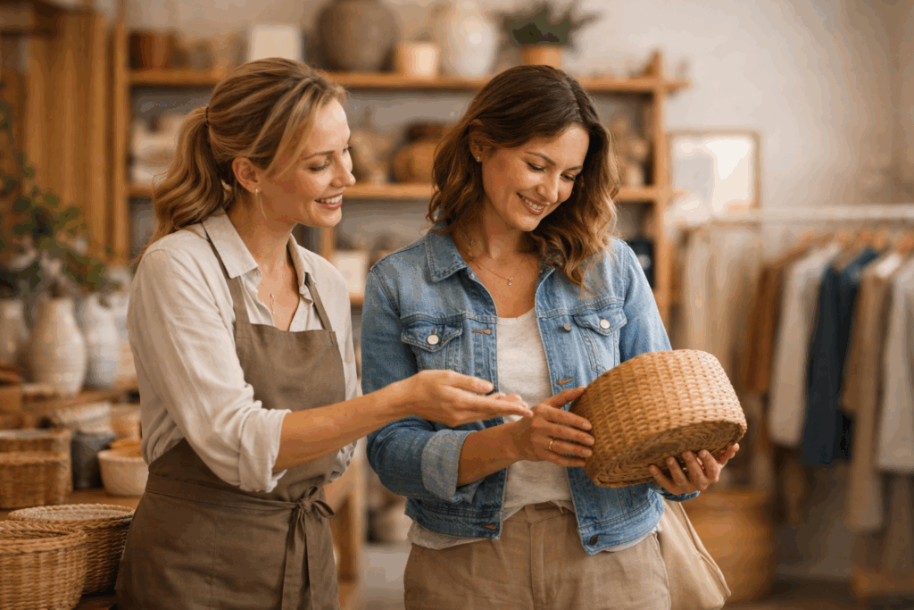 Store associate helping a customer examine a wicker basket in a boutique, both engaged and smiling."