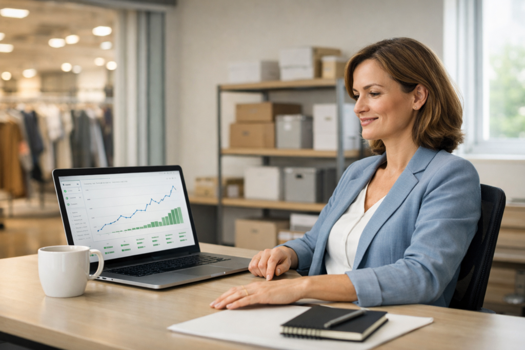 Retail professional reviewing post-migration digital receipt performance dashboard with upward trends