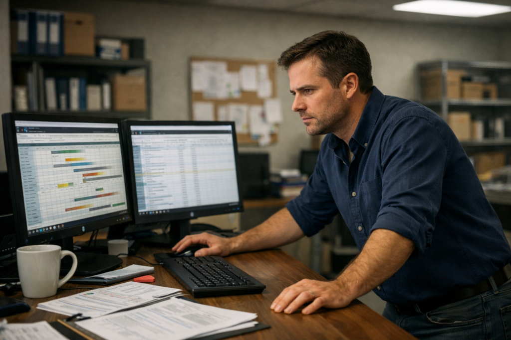 Retail operations manager reviewing digital receipt migration timeline on dual monitors in back office