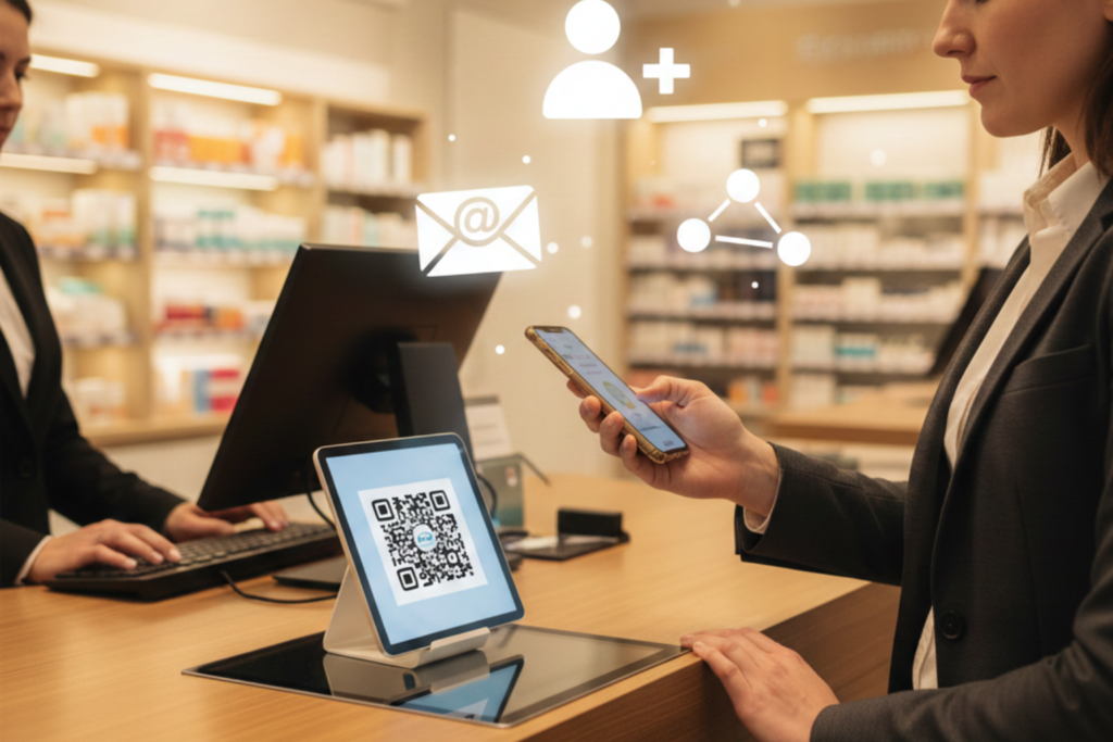 Customer scanning QR code at retail checkout to receive a digital receipt and share contact details
