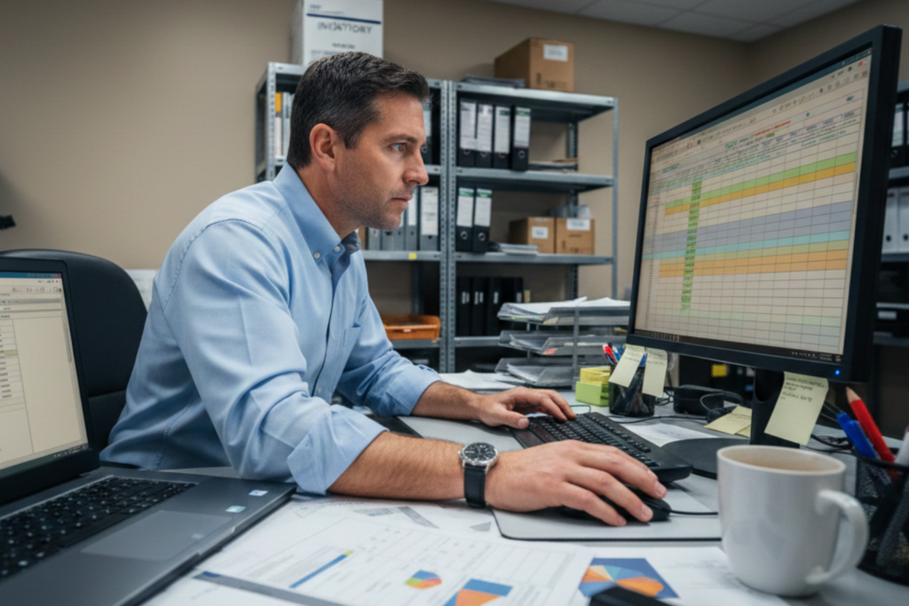 Retail operations manager analysing vendor comparison data on screen in store back office