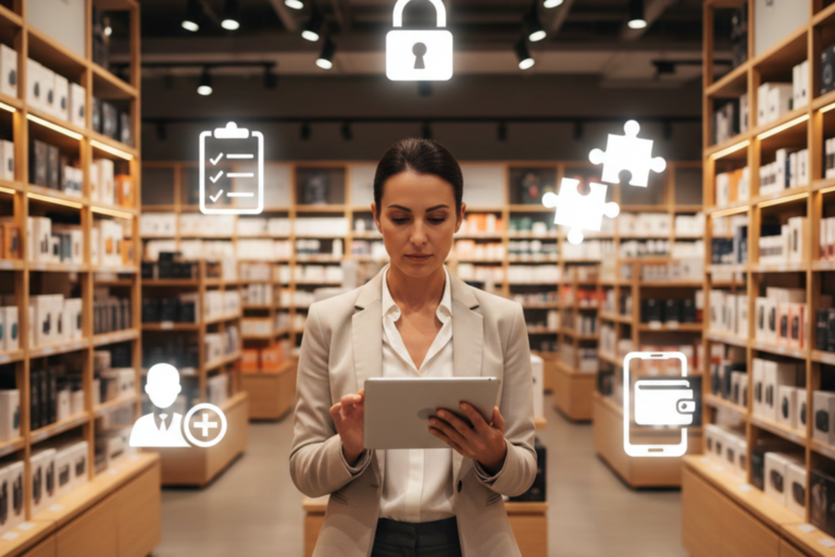 Retail-Entscheiderin bewertet digitale Kassenbon-Plattformen auf Tablet im Geschäft mit Icons für Sicherheit, Integration und Wallet