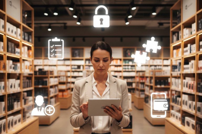 Retail professional reviewing digital receipt platform evaluation criteria on a tablet in store