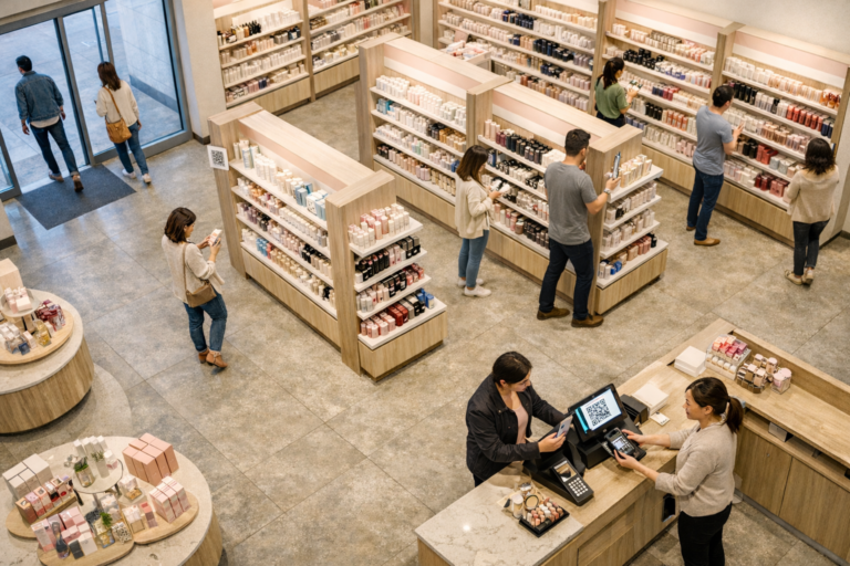 Bird's eye view of a modern beauty retail store showing customers at different stages of their in-store journey: entering the store, browsing products on shelves, and scanning a digital receipt QR code at checkout