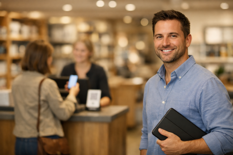 Retail leader in store with customer scanning QR code for digital receipt at checkout in background