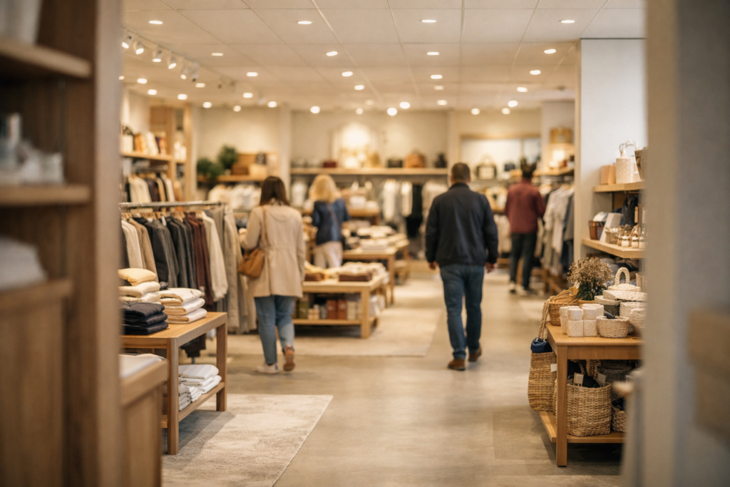 Kunden beim Einkauf in einem modernen Einzelhandelsgeschäft, von einem Eingang aus fotografiert, zeigt die Größe des stationären Umfelds, das In-Store-Engagement-Technologie unterstützt