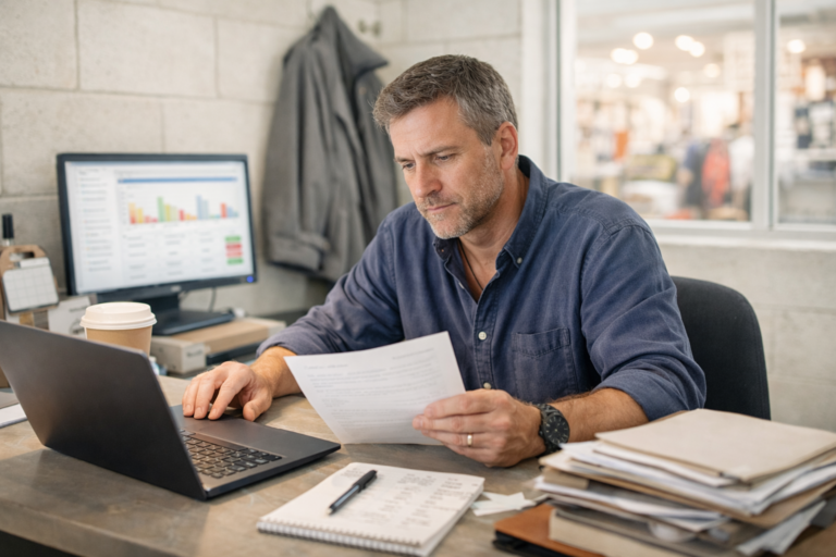 Retail operations manager reviewing a one-page technology estimate at a back-office desk, with a store performance dashboard visible on a second screen and the store floor visible through a window behind him