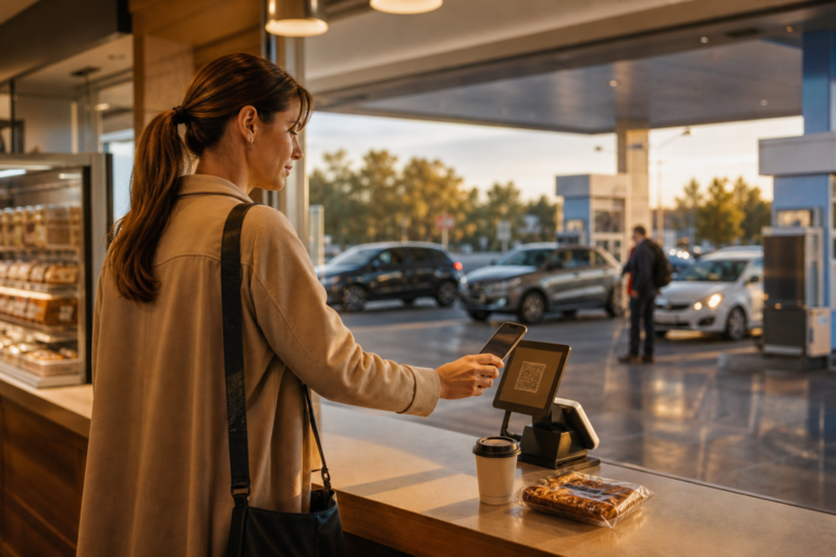 A customer scans a QR code on the till to receive a digital receipt at a fuel station shop, the forecourt visible behind.