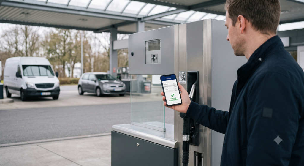 Fleet driver scanning a QR code at a fuel pump to receive a compliant e-invoice