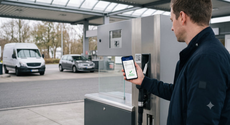 Fleet driver scanning a QR code at a fuel pump to receive a compliant e-invoice