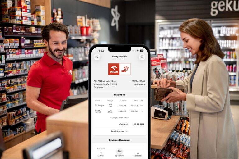 Orlen and Star store associate at forecourt convenience counter with a female customer completing payment. Phone mockup shows the Orlen Star digital receipt. Partnership between refive and Orlen