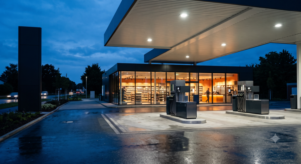 Cars at fuel pumps with a lit convenience store behind, illustrating fuel-to-shop conversion.